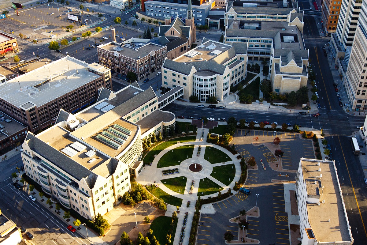 Aerial view of the St. Thomas campus in downtown Minneapolis