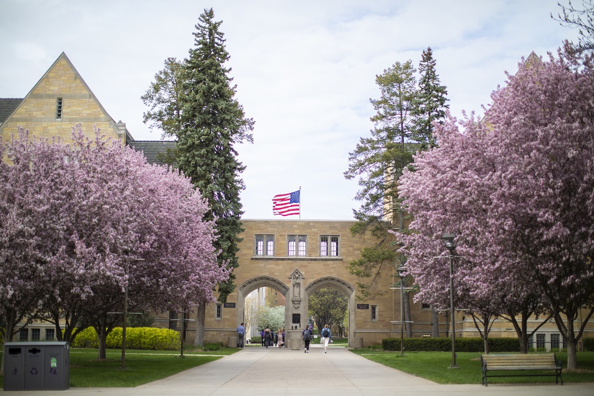 Trees blossoming outside of Aquinas Hall on the St. Paul campus