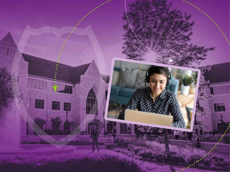 A purple graphic with the St. Thomas campus in the background and woman on her laptop.