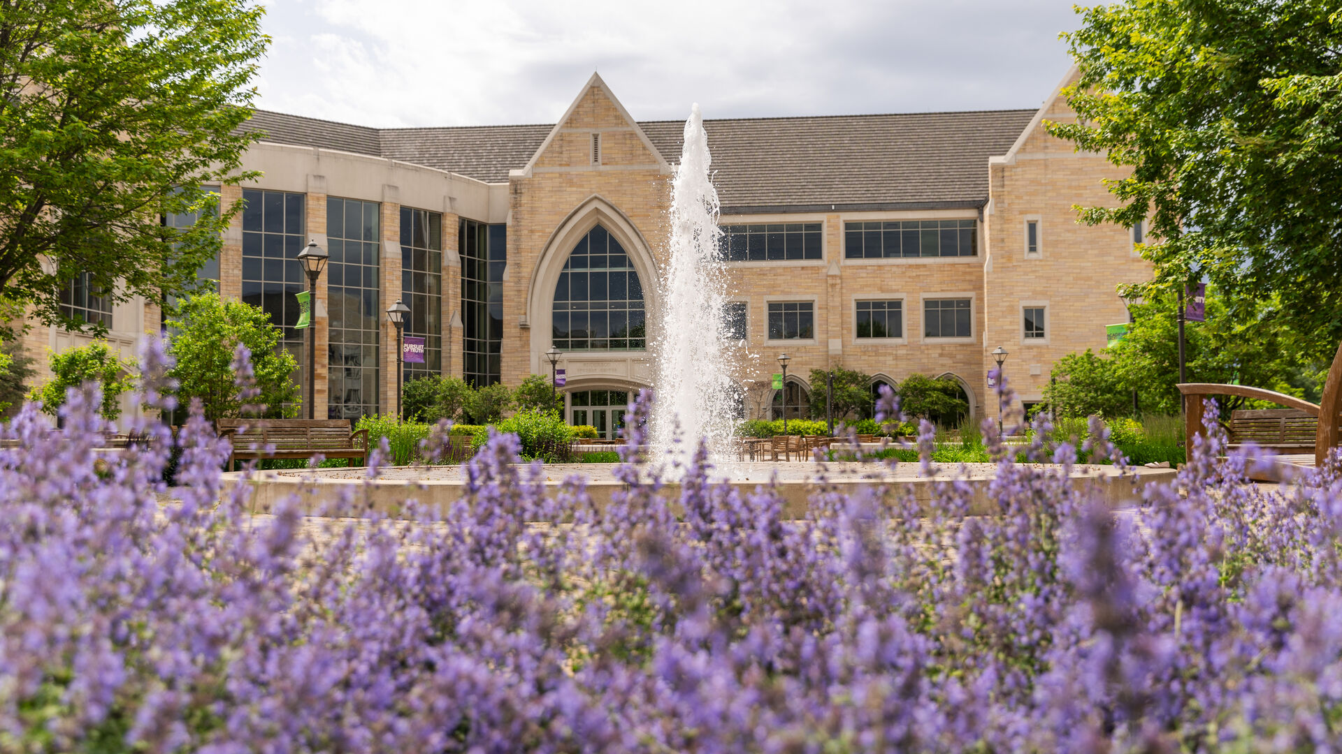 campus scene with a fountain