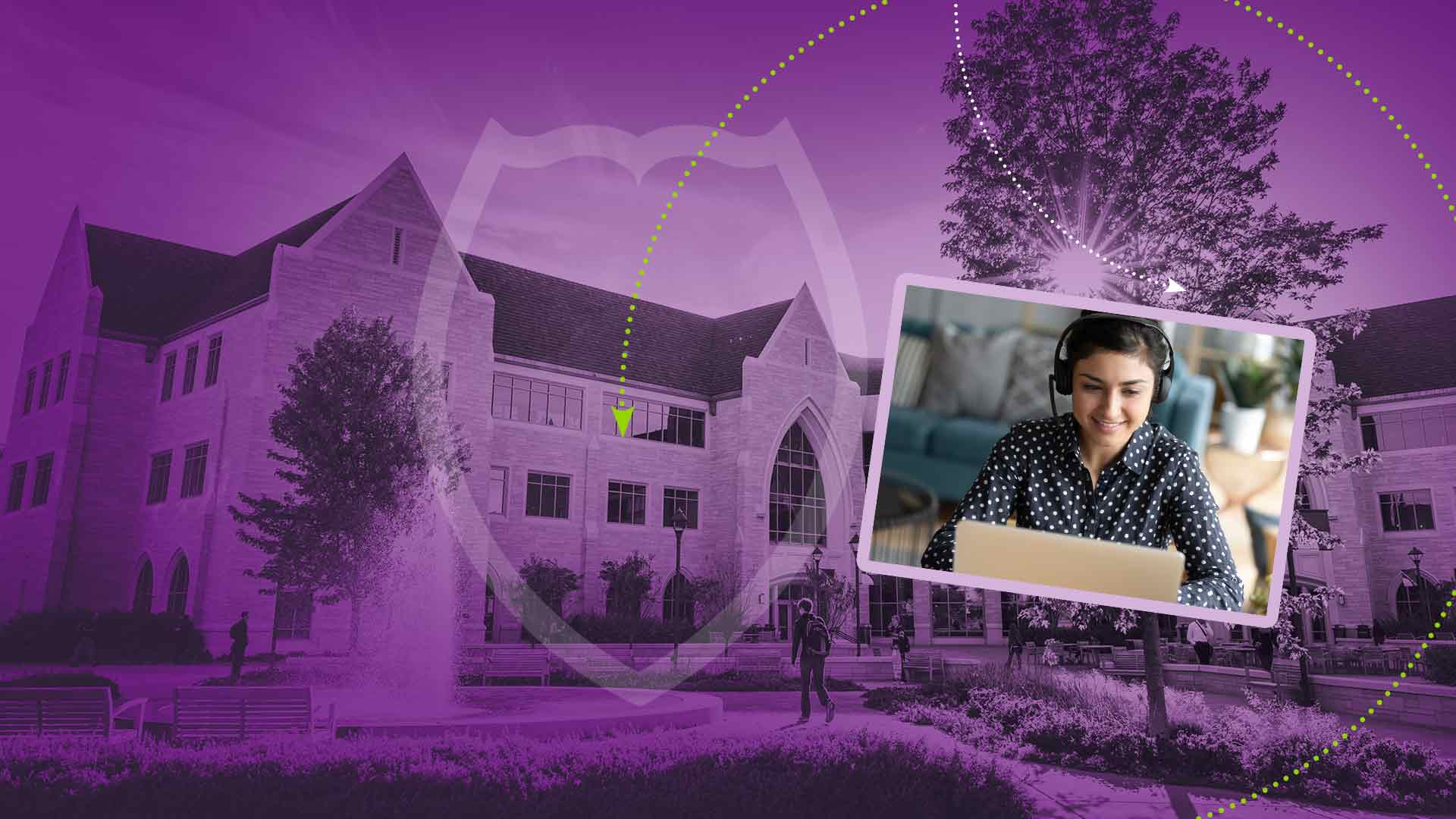 inset photo of a person wearing headphones at a laptop against background of a building photo tinted purple