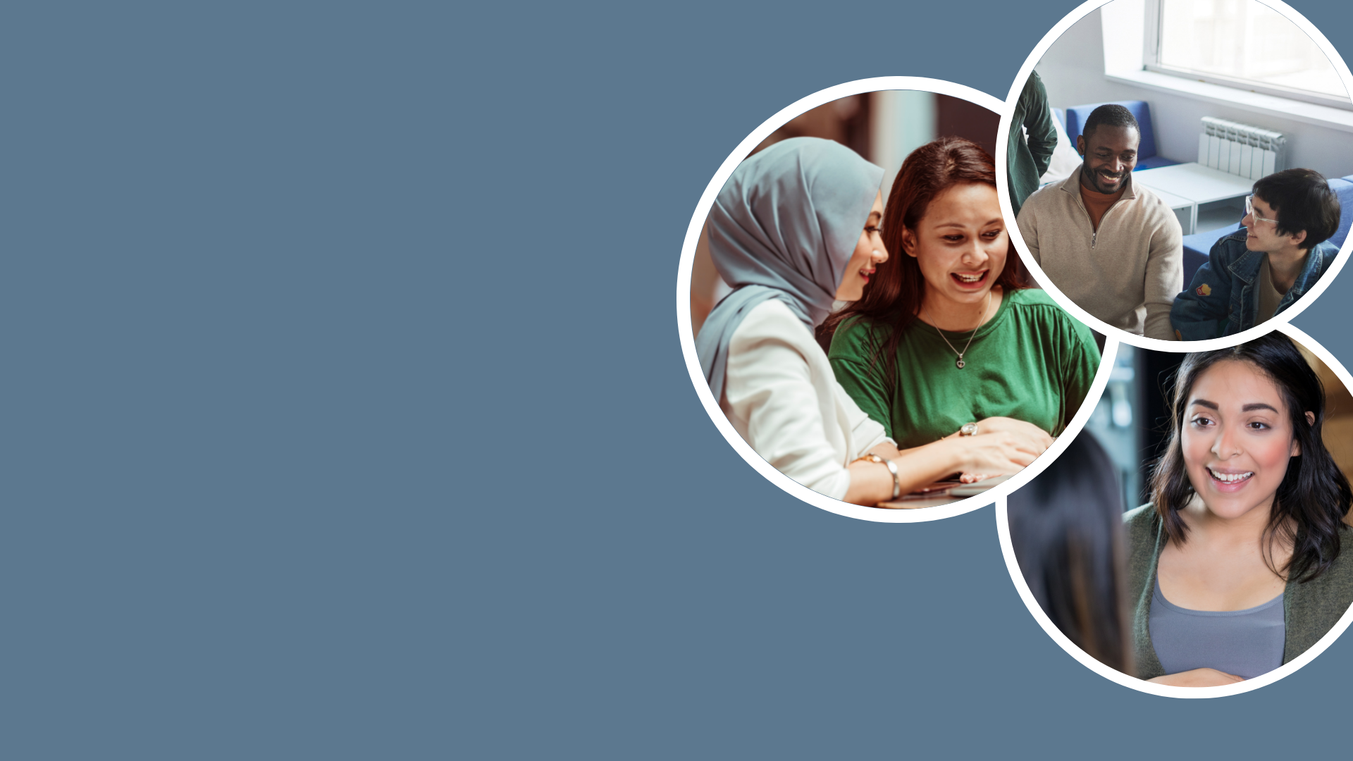 Three circular photos featuring men and women in discussion.