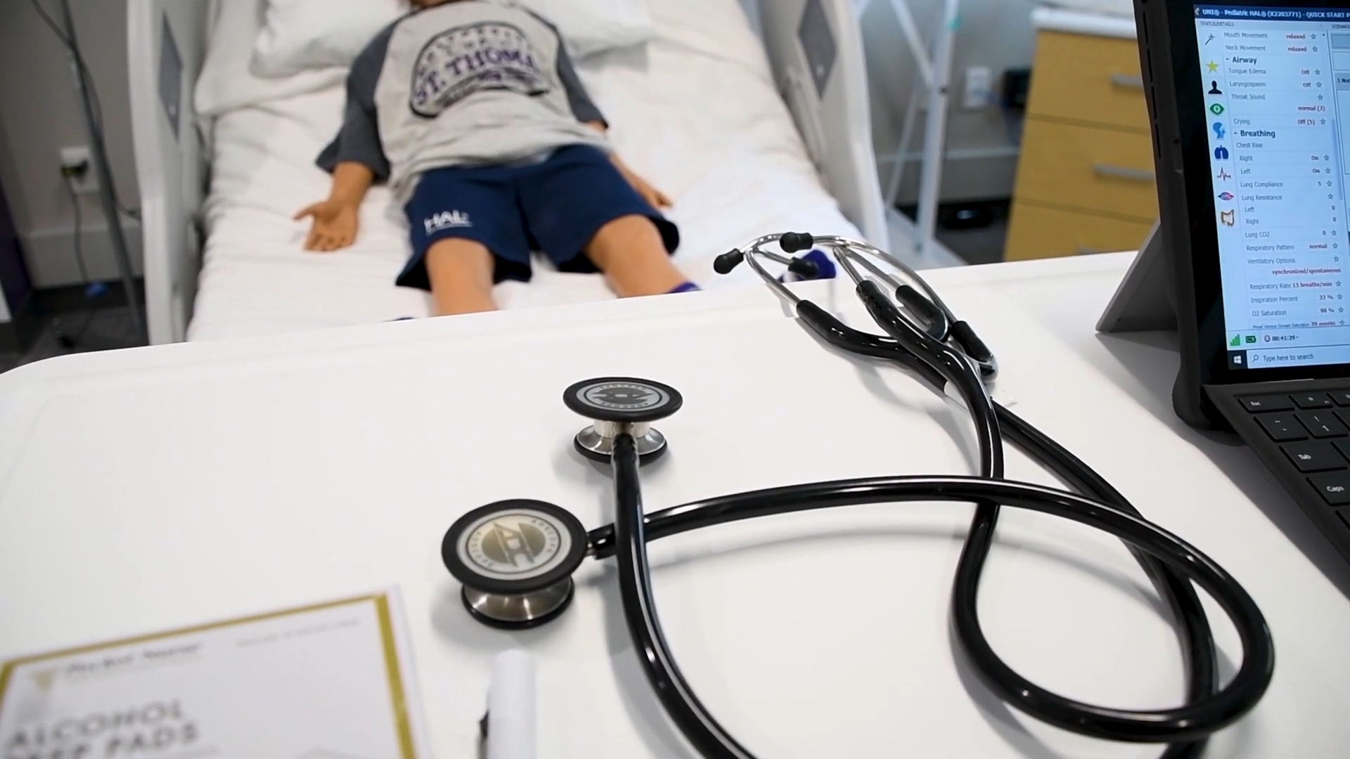 A stethoscope next to a computer in the Center for Simulation